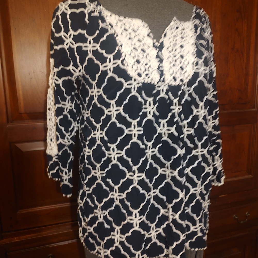 Navy and White Crochet-Trim Tunic Top